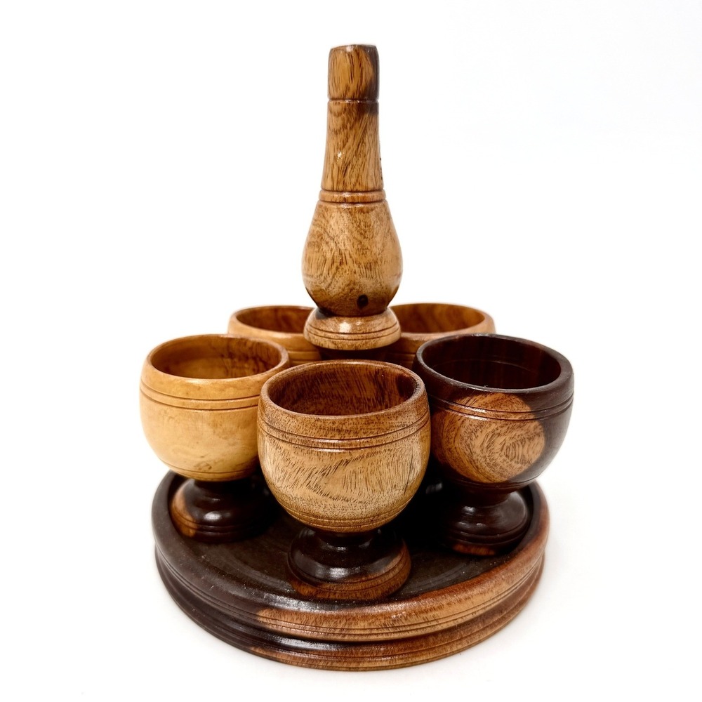 Vintage Hand Turned Wood Shot Glass Set 6‎ Cups with Round Caddy Tray Brown MCM